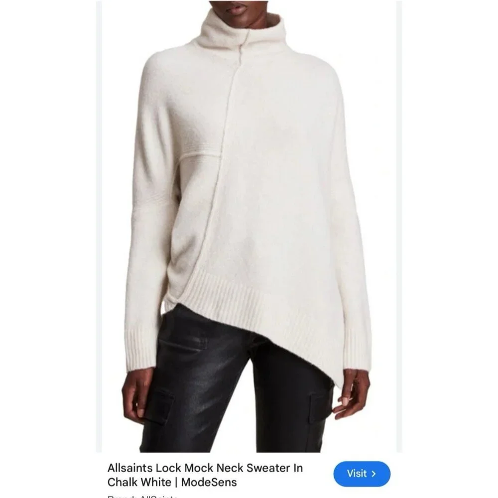 ALLSAINTS Sweater Lock Roll Neck Wool Yak L Blend Asymmetrical Hem Ivory